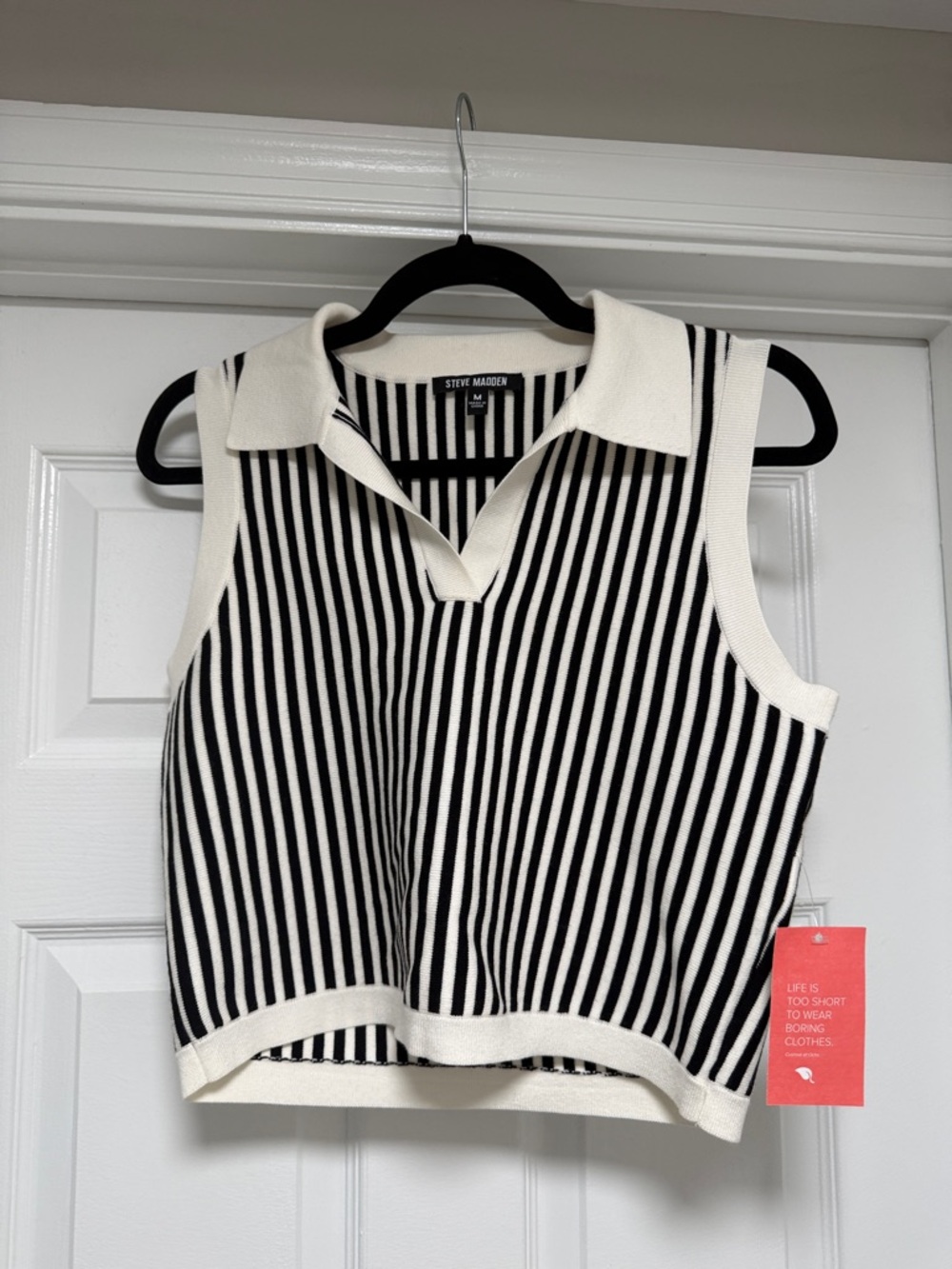 Steve Madden Black & White Vertical Stripe Sleeveless Polo